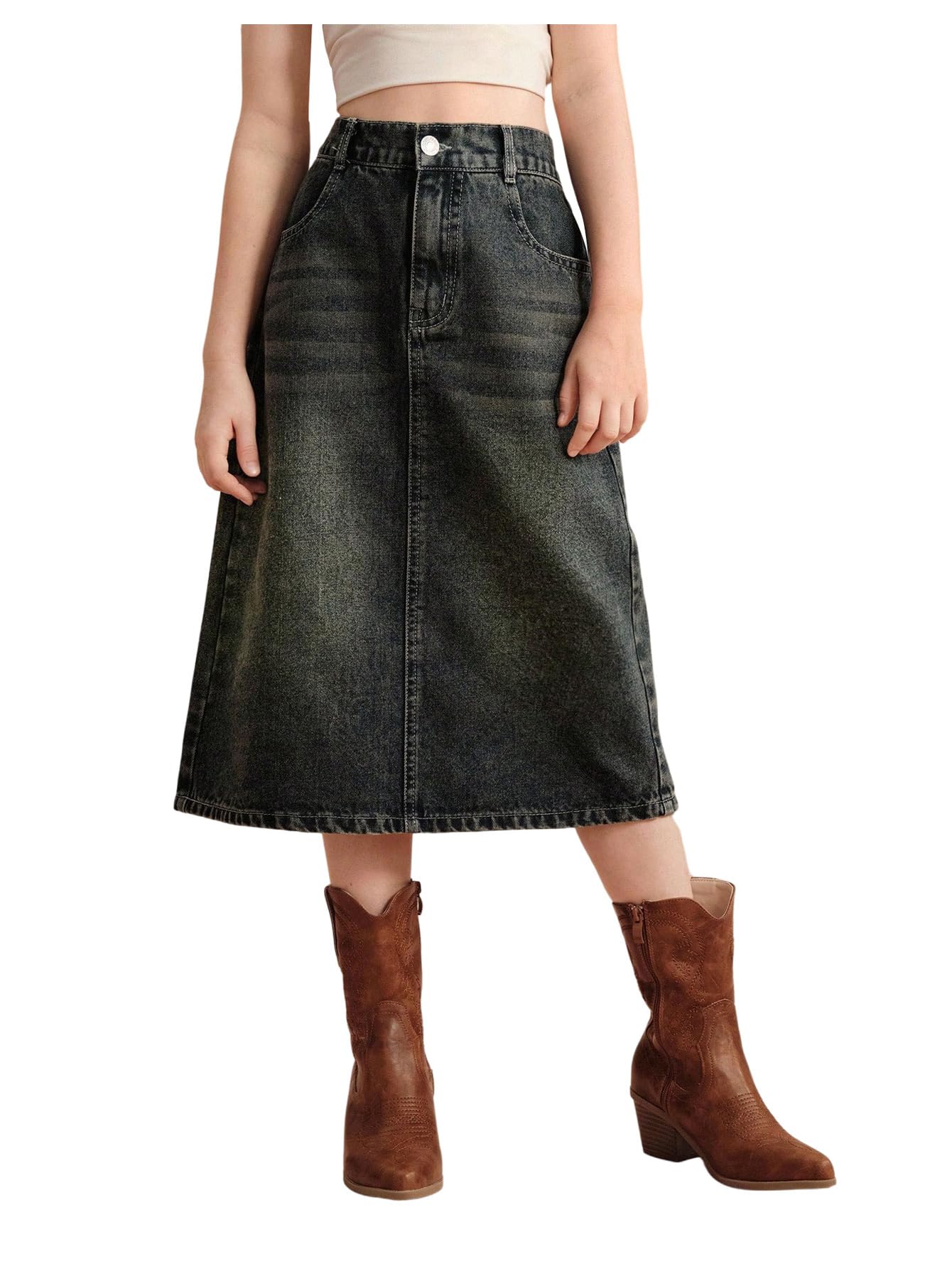MakeMeChic Girl's Jean Skirt High Waisted Y2k Cute Denim Midi Skirts | Elastic Waist, with Pocket, Jean Skirt for Girls 8-12, Girls Long Denim Skirt, Girls Denim Skirt