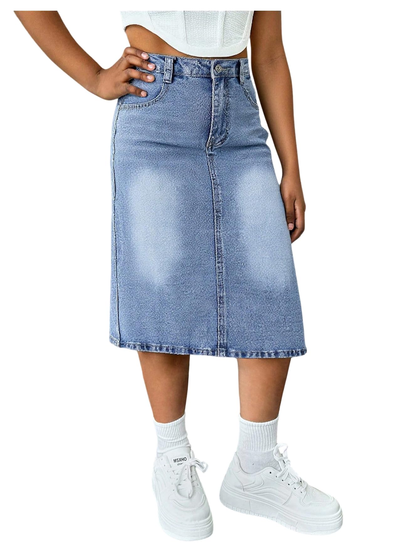 MakeMeChic Girl's Jean Skirt High Waisted Y2k Cute Denim Midi Skirts | Elastic Waist, with Pocket, Jean Skirt for Girls 8-12, Girls Long Denim Skirt, Girls Denim Skirt