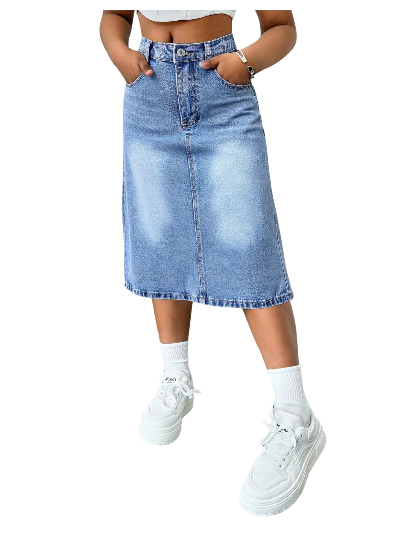 MakeMeChic Girl's Jean Skirt High Waisted Y2k Cute Denim Midi Skirts | Elastic Waist, with Pocket, Jean Skirt for Girls 8-12, Girls Long Denim Skirt, Girls Denim Skirt