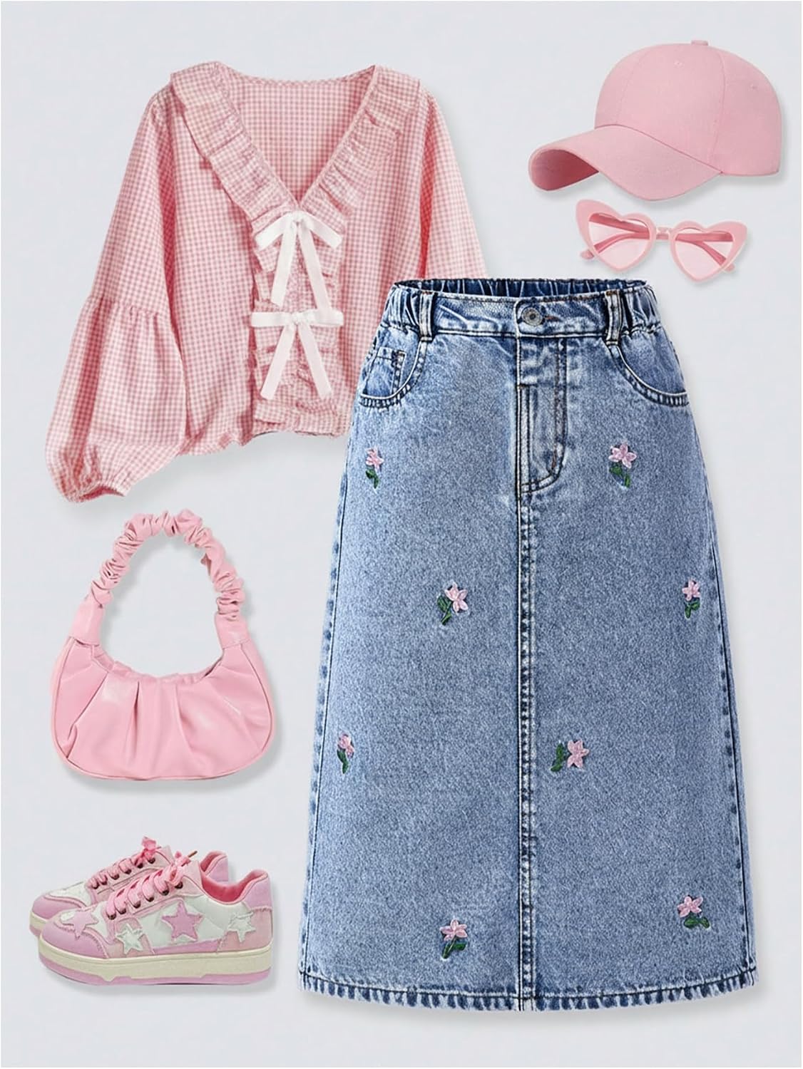 MakeMeChic Girl's Jean Skirt High Waisted Y2k Cute Denim Midi Skirts | Elastic Waist, with Pocket, Jean Skirt for Girls 8-12, Girls Long Denim Skirt, Girls Denim Skirt