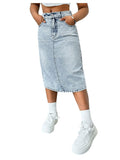 MakeMeChic Girl's Jean Skirt High Waisted Y2k Cute Denim Midi Skirts | Elastic Waist, with Pocket, Jean Skirt for Girls 8-12, Girls Long Denim Skirt, Girls Denim Skirt