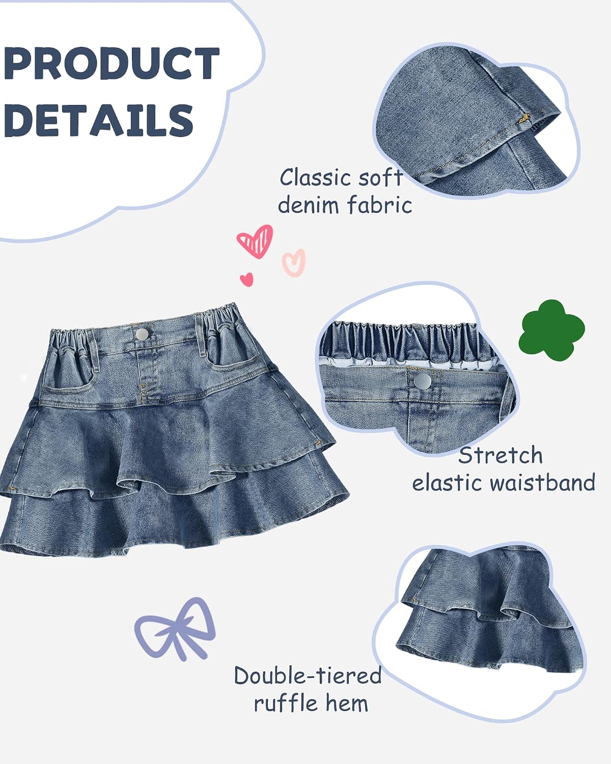 Girls Jean Skirt Toddler Girl Denim Skirt with Shorts Underneath Skorts 3T-10Y