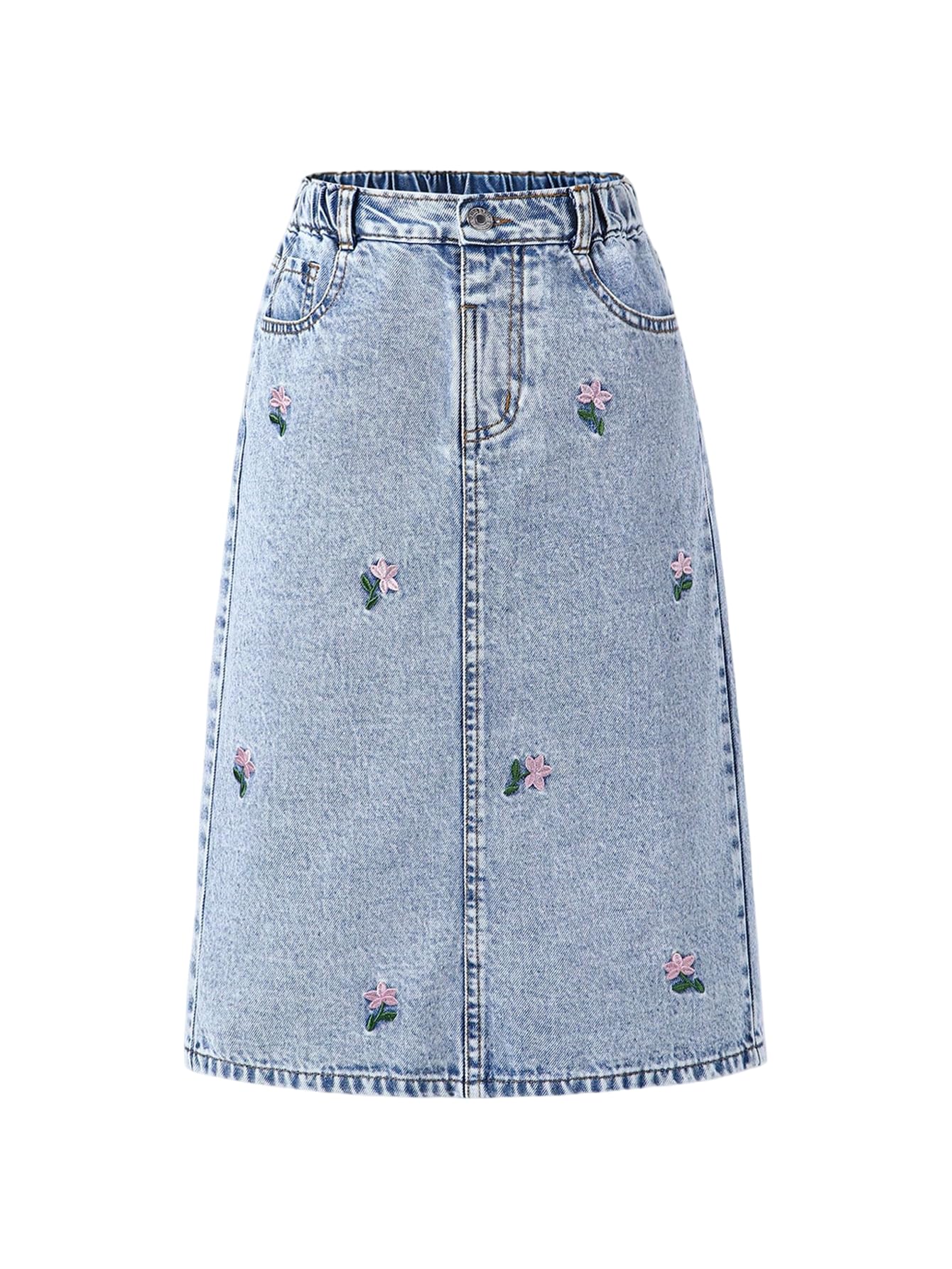 MakeMeChic Girl's Jean Skirt High Waisted Y2k Cute Denim Midi Skirts | Elastic Waist, with Pocket, Jean Skirt for Girls 8-12, Girls Long Denim Skirt, Girls Denim Skirt