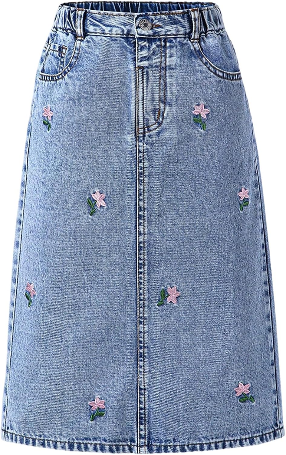 MakeMeChic Girl's Jean Skirt High Waisted Y2k Cute Denim Midi Skirts | Elastic Waist, with Pocket, Jean Skirt for Girls 8-12, Girls Long Denim Skirt, Girls Denim Skirt