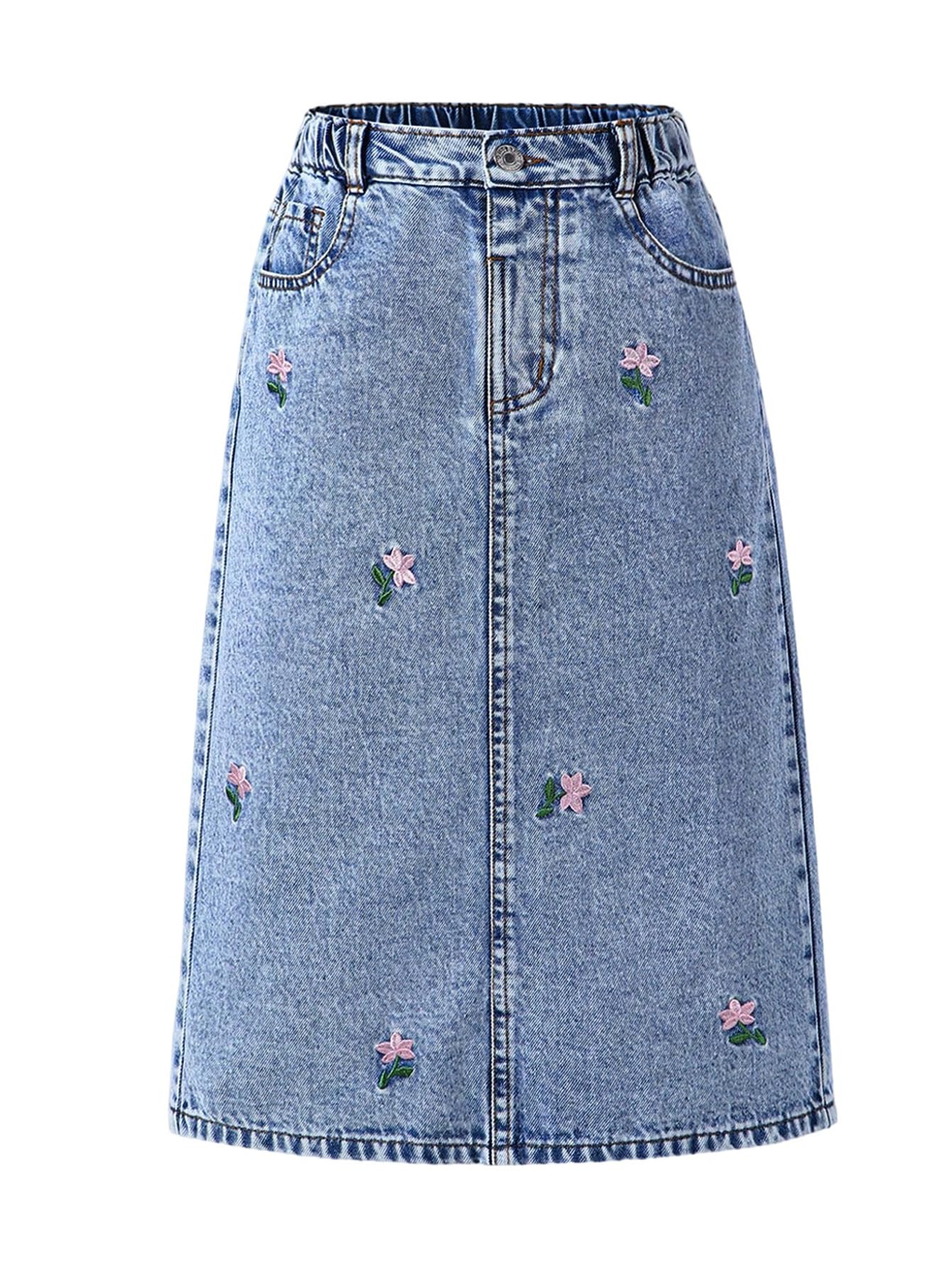 MakeMeChic Girl's Jean Skirt High Waisted Y2k Cute Denim Midi Skirts | Elastic Waist, with Pocket, Jean Skirt for Girls 8-12, Girls Long Denim Skirt, Girls Denim Skirt