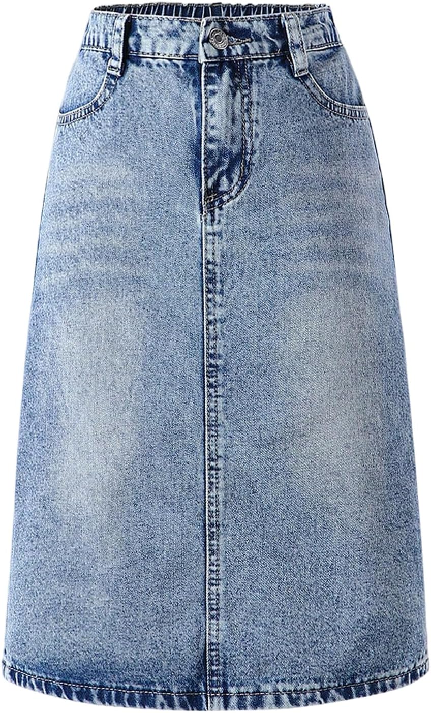 MakeMeChic Girl's Jean Skirt High Waisted Y2k Cute Denim Midi Skirts | Elastic Waist, with Pocket, Jean Skirt for Girls 8-12, Girls Long Denim Skirt, Girls Denim Skirt