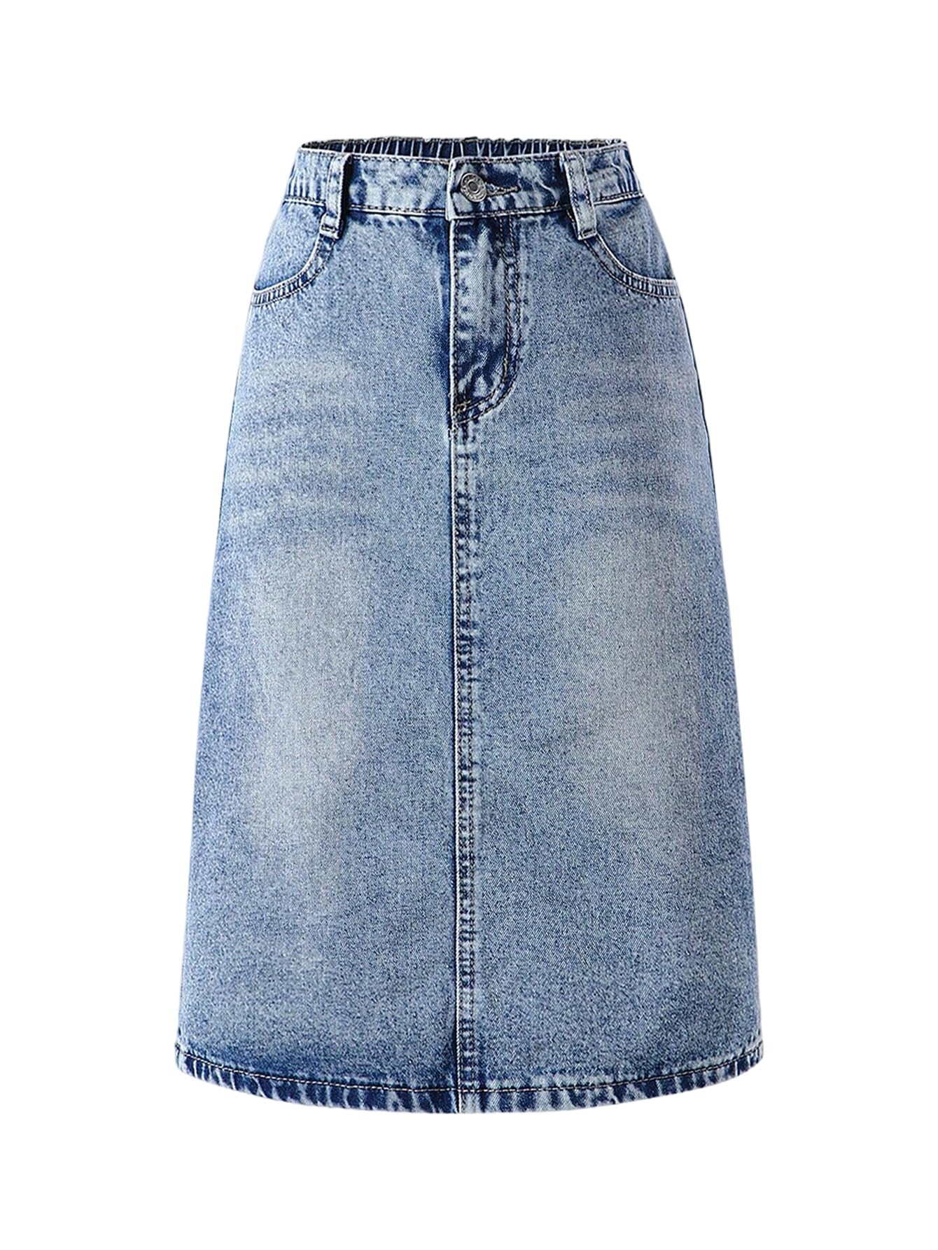MakeMeChic Girl's Jean Skirt High Waisted Y2k Cute Denim Midi Skirts | Elastic Waist, with Pocket, Jean Skirt for Girls 8-12, Girls Long Denim Skirt, Girls Denim Skirt