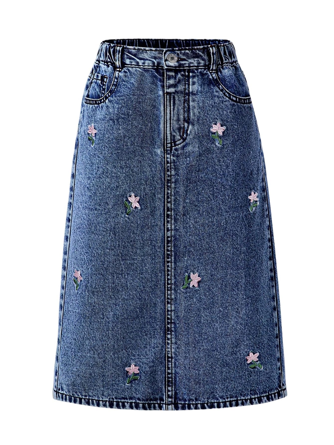 MakeMeChic Girl's Jean Skirt High Waisted Y2k Cute Denim Midi Skirts | Elastic Waist, with Pocket, Jean Skirt for Girls 8-12, Girls Long Denim Skirt, Girls Denim Skirt