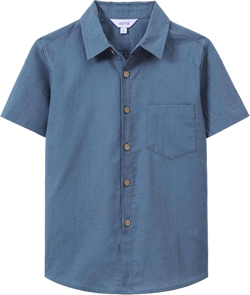 Boys Linen Shirt Casual Button Down Shirt Short Sleeve for Kids | Dress Shirt, Cotton-linen Blend, Lightweight, Solid Button Up Shirt, Collared, Easter, Picture Day, Family Photo, Graduation