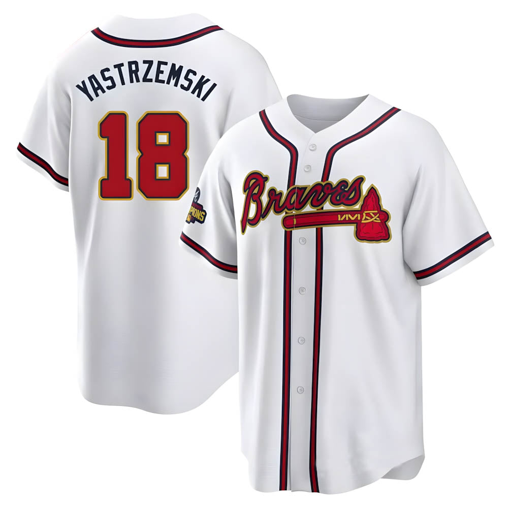 tores A.Braves #18 Mike Yastrzemski player Gold Replica White Program Stitched Jerseys