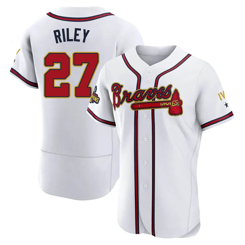 tores A.Braves #27 Austin Riley Player White&Gold Authentic Program Stitched Jerseys