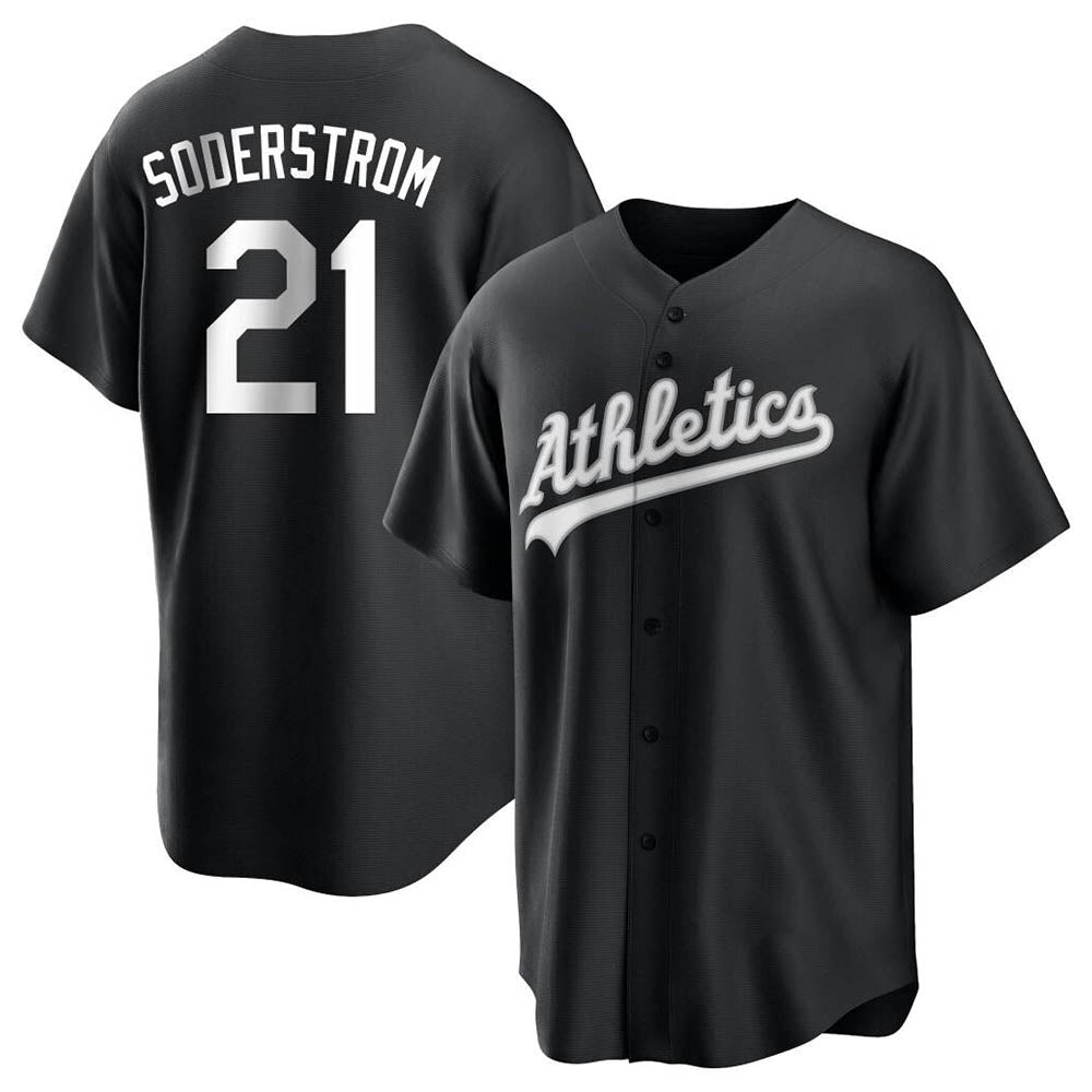 tores Athletics #21 Tyler Soderstrom Player Black&White Replica Stitched Jersey