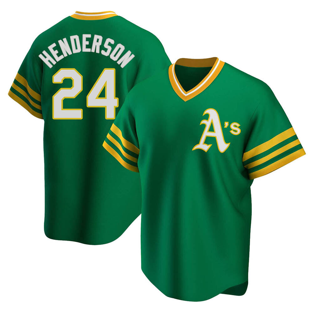 tores Athletics #24 Rickey Henderson Player Green Replica Cooperstown Collection T shirt Stitched Jersey