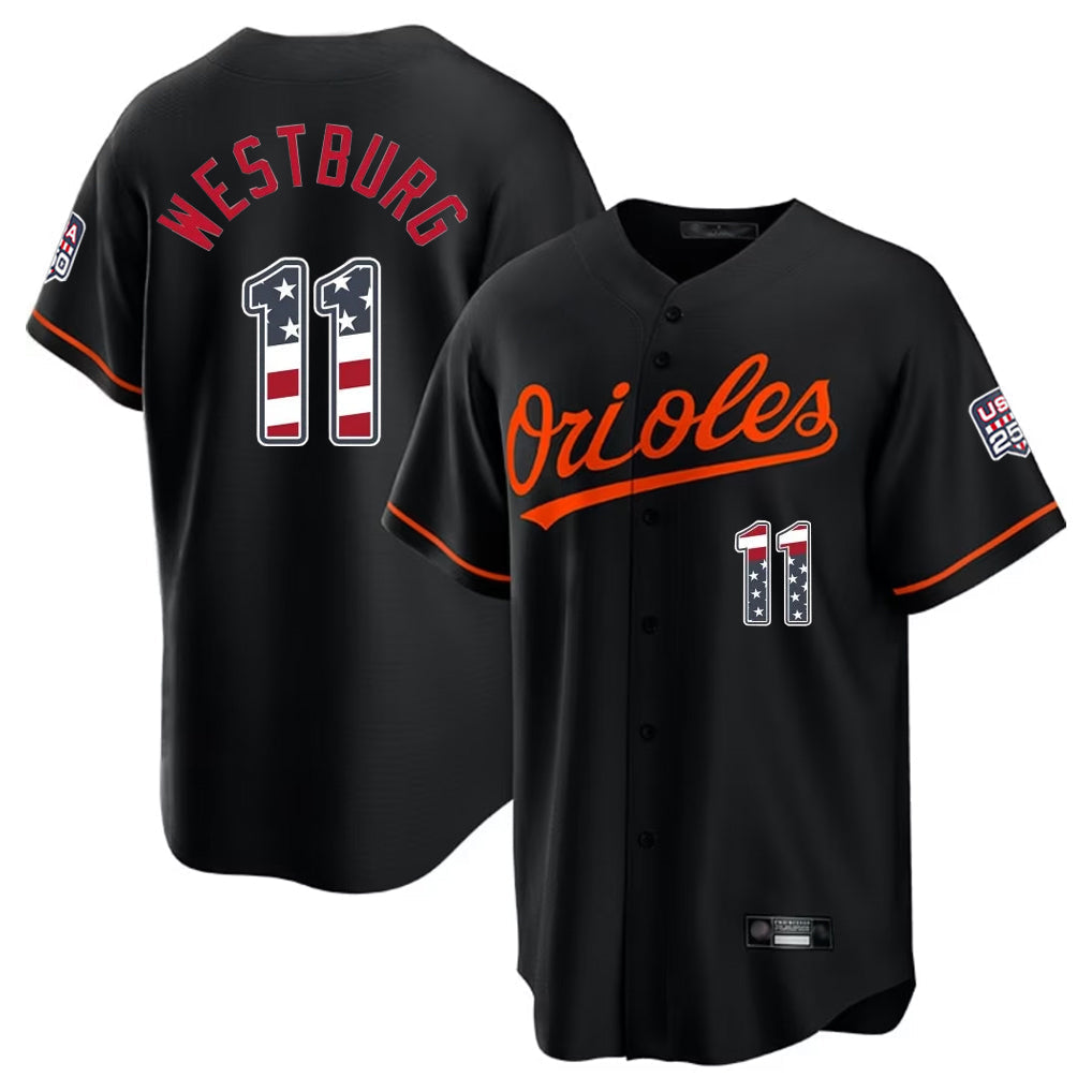 tores B.Orioles #11 Jordan Westburg Player Black USA 250 Fourth of July Home Game Stitched Jerseys