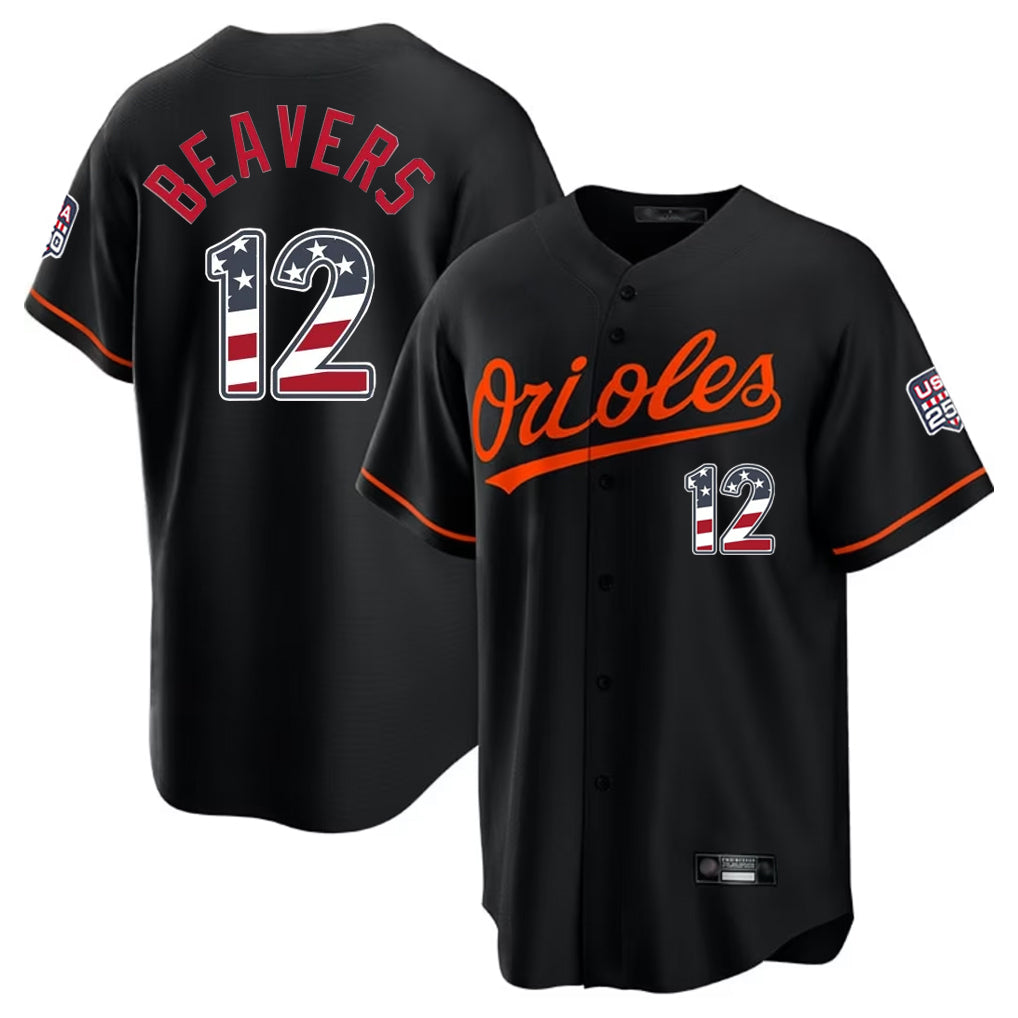 tores B.Orioles #12 Dylan Beavers Player Black USA 250 Fourth of July Home Game Stitched Jerseys