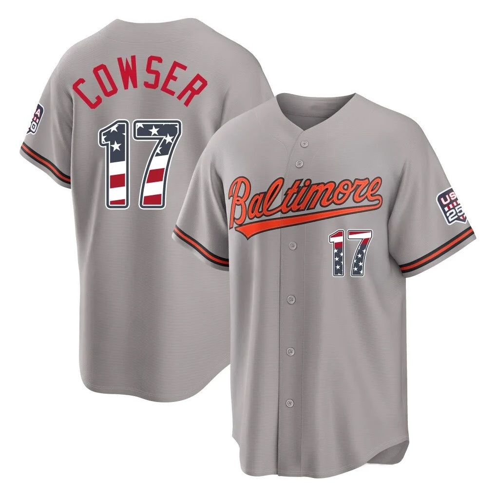tores B.Orioles #17 Colton Cowser Player Gray USA 250 Fourth of July Home Game Stitched Jerseys