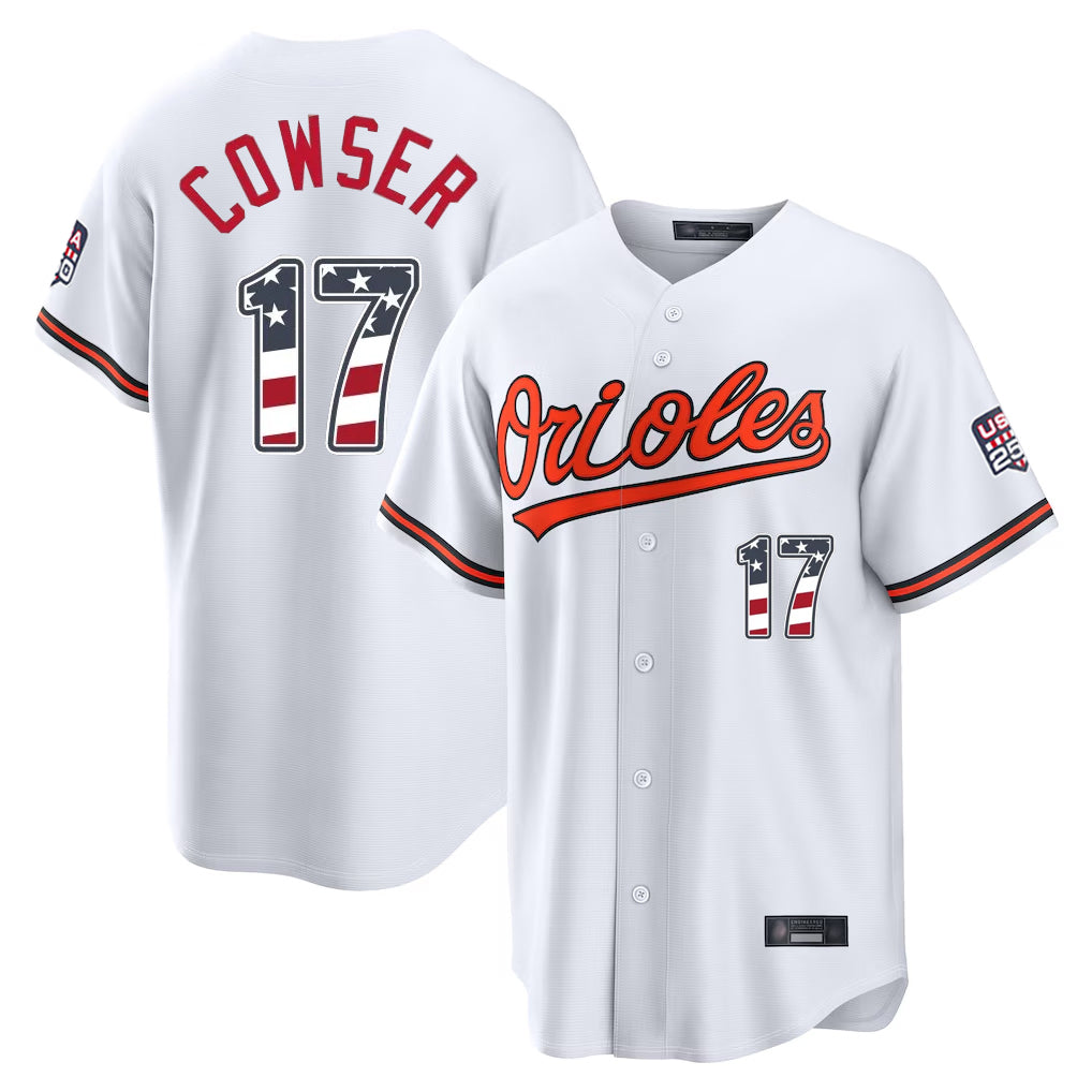 tores B.Orioles #17 Colton Cowser Player White USA 250 Fourth of July Home Game Stitched Jerseys