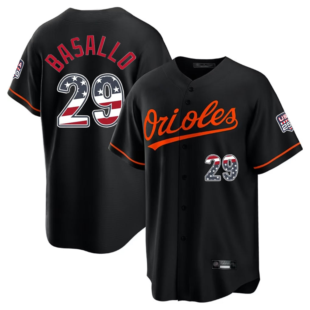 tores B.Orioles #29 Samuel Basallo Player Black USA 250 Fourth of July Home Game Stitched Jerseys