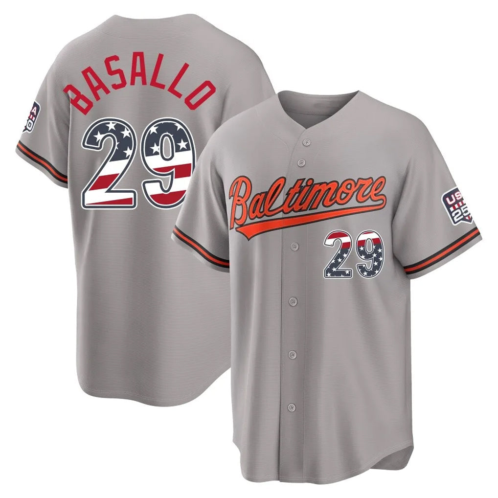 tores B.Orioles #29 Samuel Basallo Player Gray USA 250 Fourth of July Home Game Stitched Jerseys
