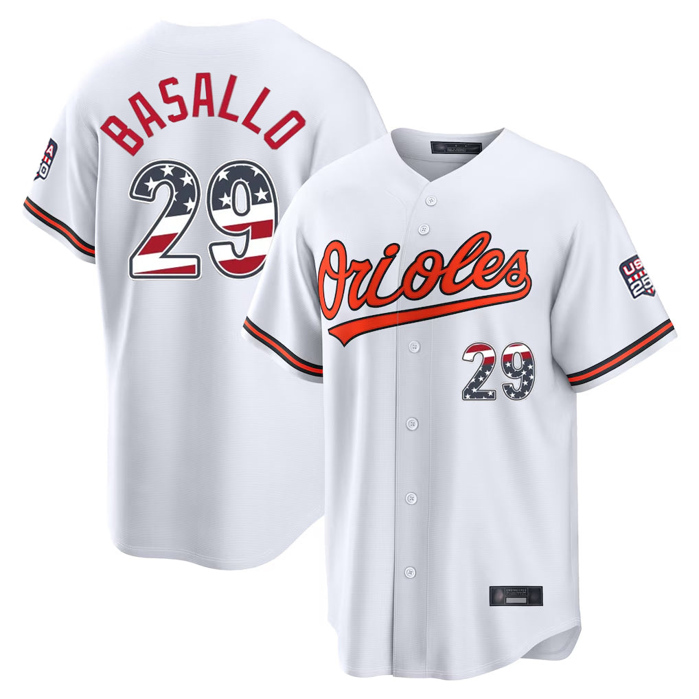 tores B.Orioles #29 Samuel Basallo Player White USA 250 Fourth of July Home Game Stitched Jerseys