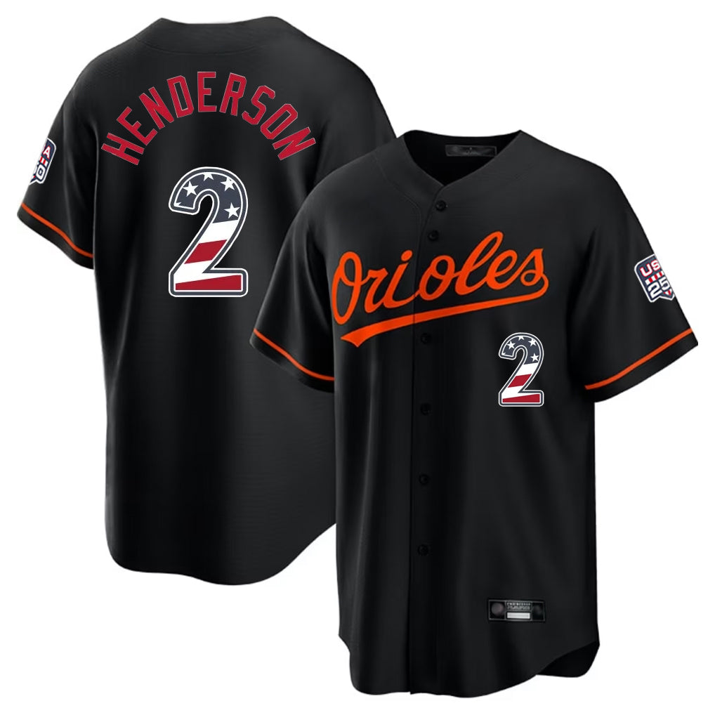 tores B.Orioles #2 Gunnar Henderson Player Black USA 250 Fourth of July Home Game Stitched Jerseys