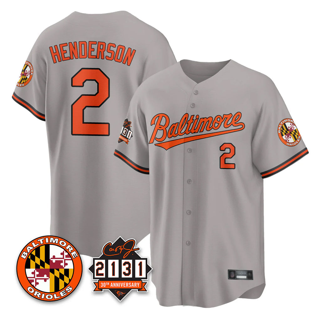 tores B.Orioles #2 Gunnar Henderson Player Gray 30th Anniversary of 2131 Home Game Stitched Jerseys