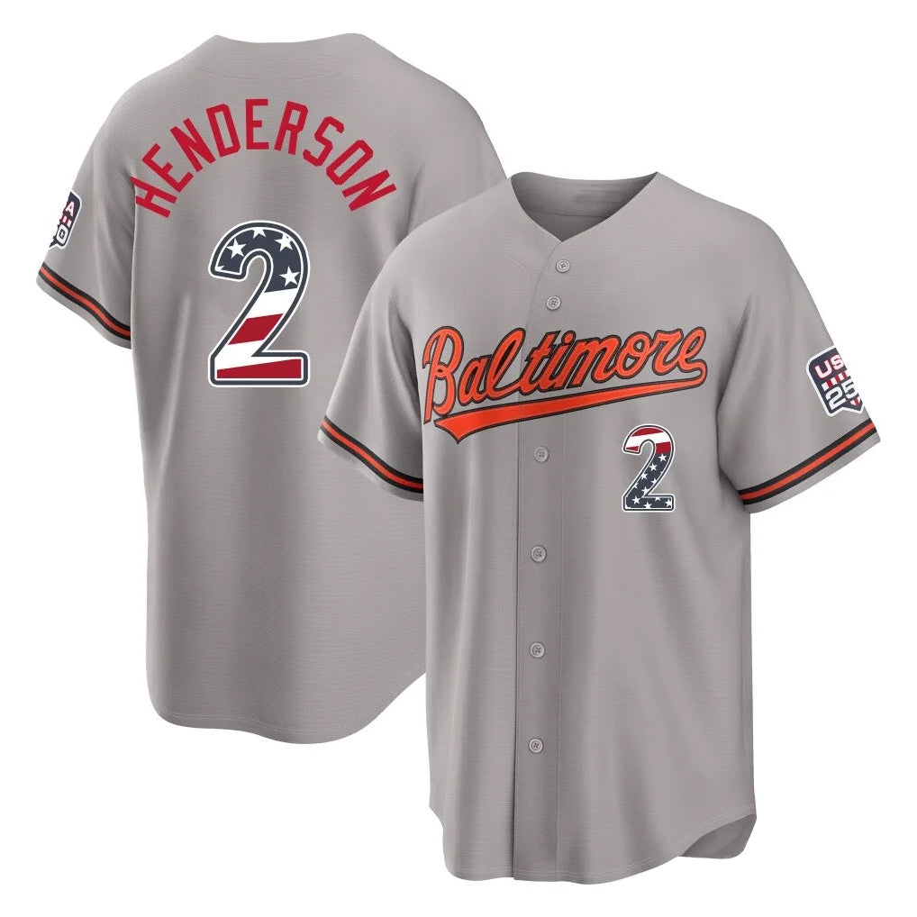 tores B.Orioles #2 Gunnar Henderson Player Gray USA 250 Fourth of July Home Game Stitched Jerseys