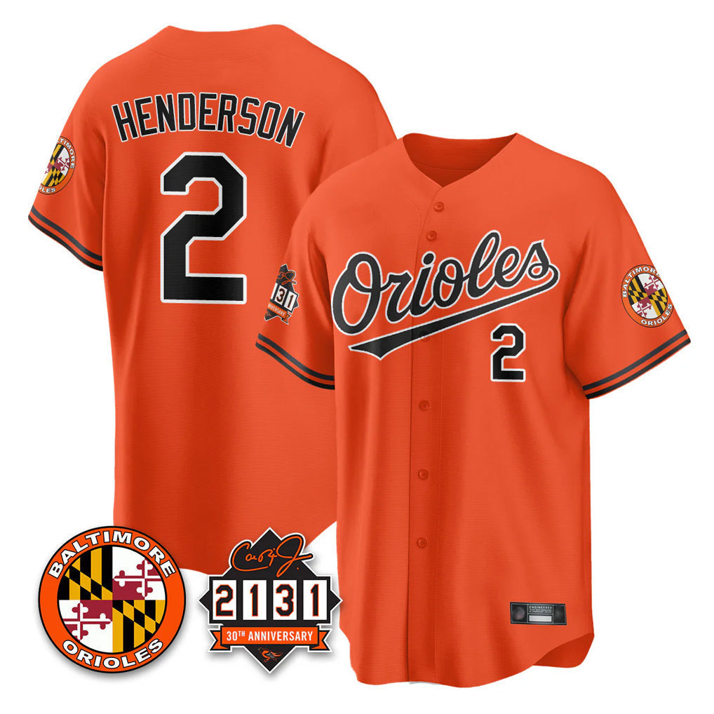 tores B.Orioles #2 Gunnar Henderson Player Orange 30th Anniversary of 2131 Home Game Stitched Jerseys