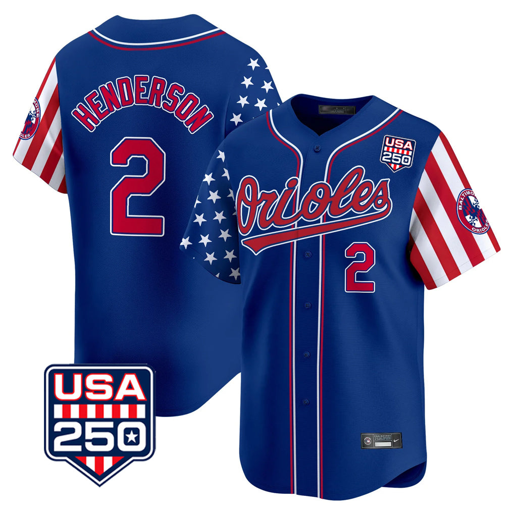 tores B.Orioles #2 Gunnar Henderson Player Royal USA 250 Independence Day Vapor Premier Limited Home Game Stitched Jerseys