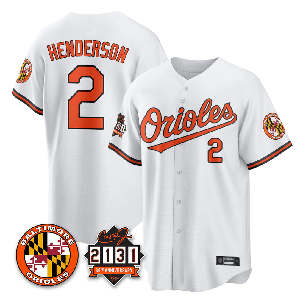 tores B.Orioles #2 Gunnar Henderson Player White 30th Anniversary of 2131 Home Game Stitched Jerseys