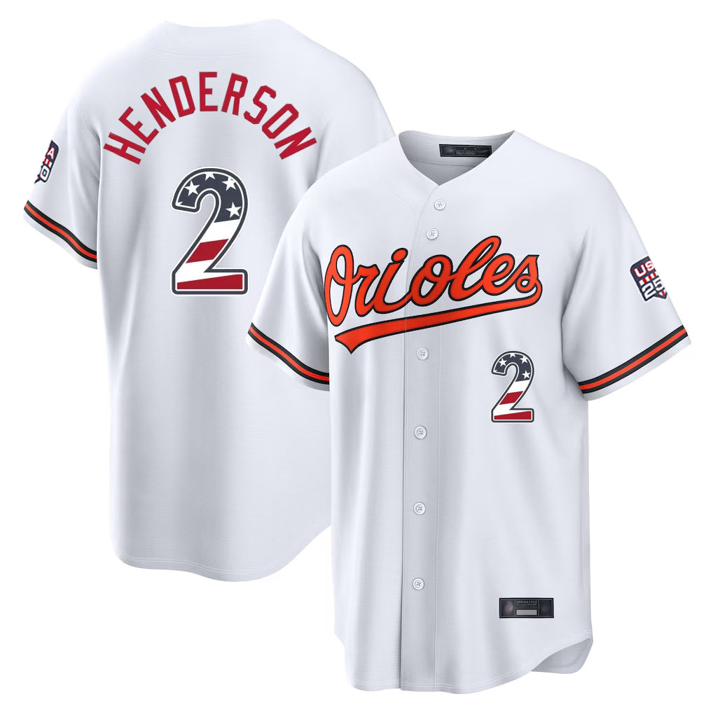 tores B.Orioles #2 Gunnar Henderson Player White USA 250 Fourth of July Home Game Stitched Jerseys