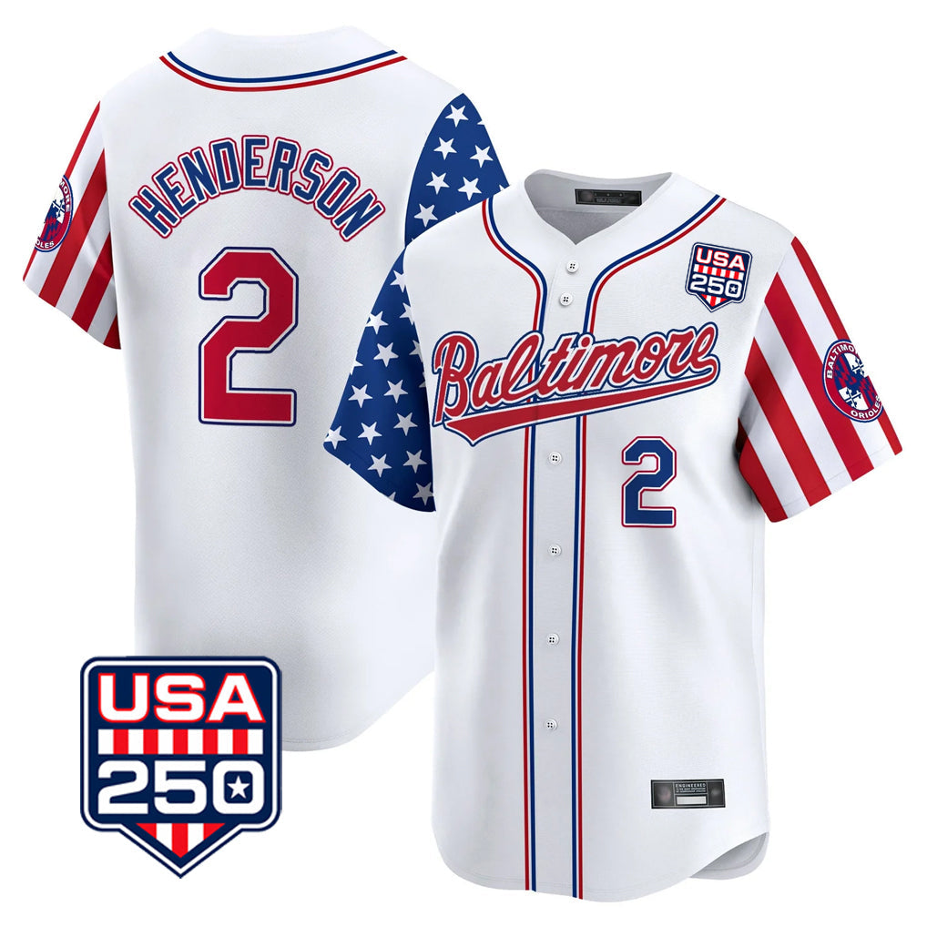tores B.Orioles #2 Gunnar Henderson Player White USA 250 Independence Day Vapor Premier Limited Home Game Stitched Jerseys