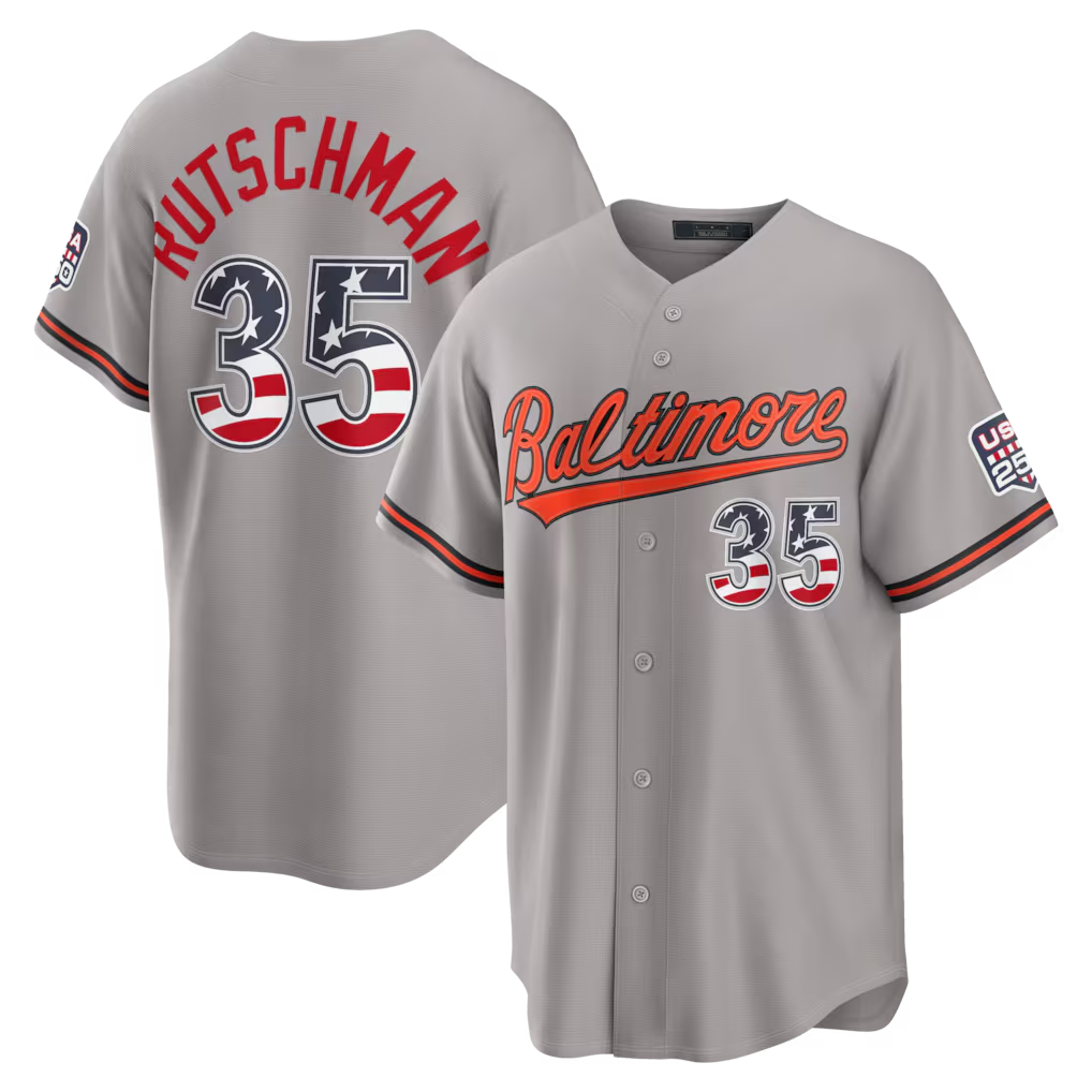 tores B.Orioles #35 Adley Rutschman Gray USA 250 Fourth of July Road Stadium Jersey