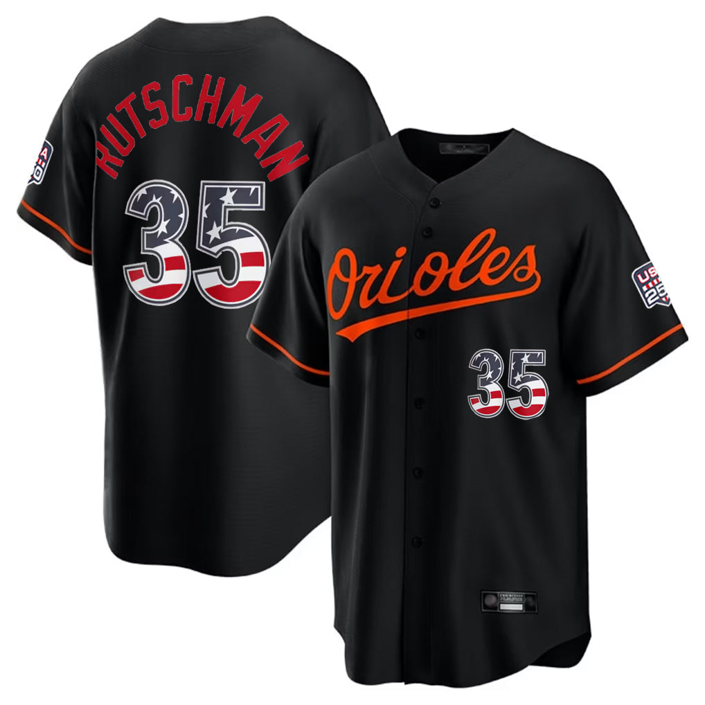 tores B.Orioles #35 Adley Rutschman Player Black USA 250 Fourth of July Home Game Stitched Jerseys