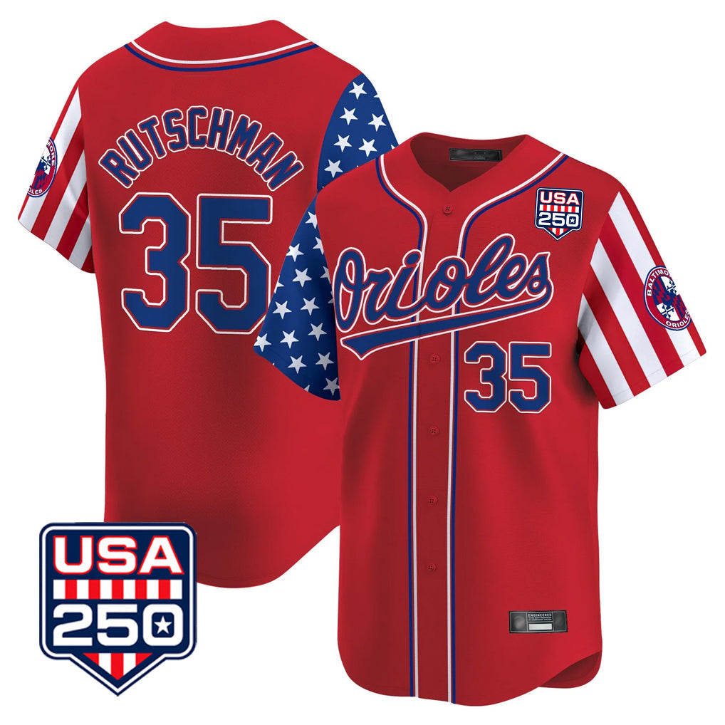 tores B.Orioles #35 Adley Rutschman Player Red USA 250 Independence Day Vapor Premier Limited Home Game Stitched Jerseys