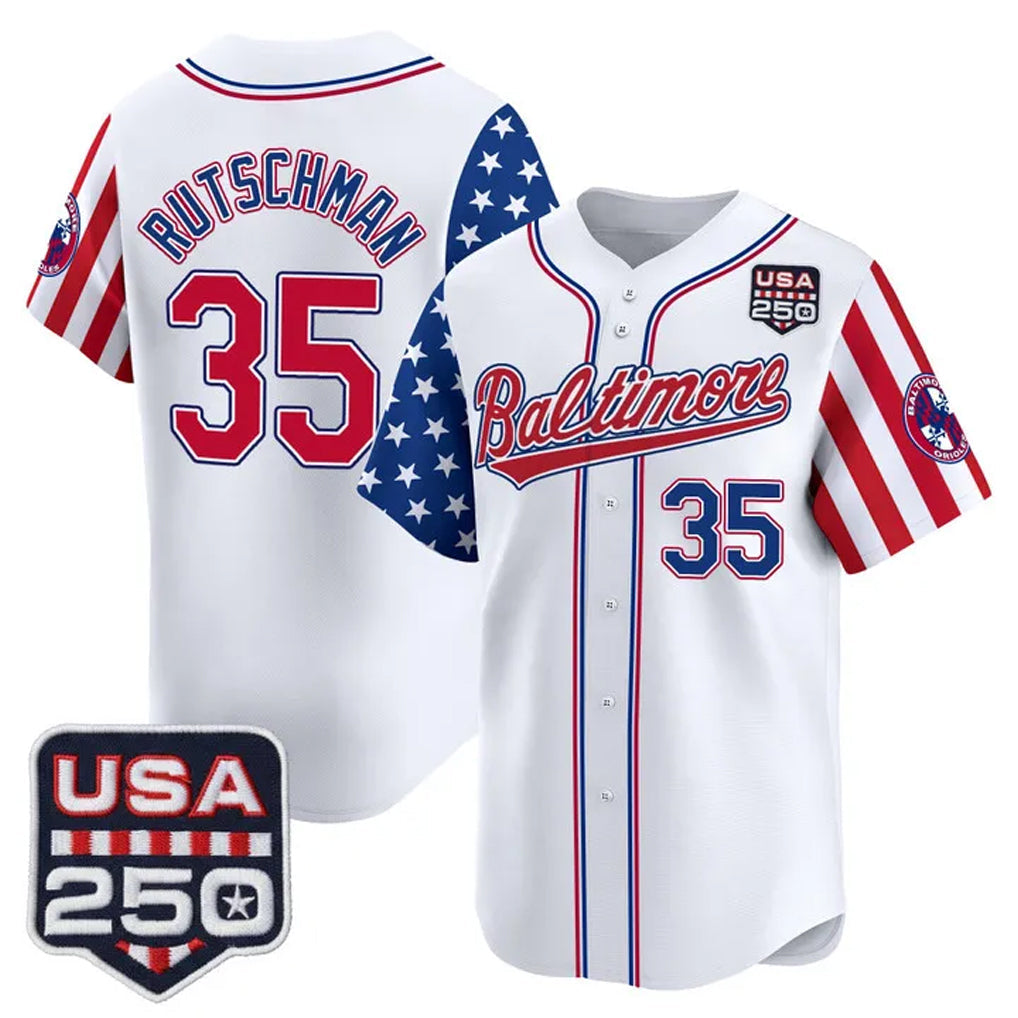 tores B.Orioles #35 Adley Rutschman Player White USA 250 Independence Day Vapor Premier Limited Home Game Stitched Jerseys