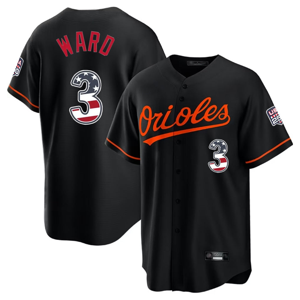 tores B.Orioles #3 Taylor Ward Player Black USA 250 Fourth of July Home Game Stitched Jerseys