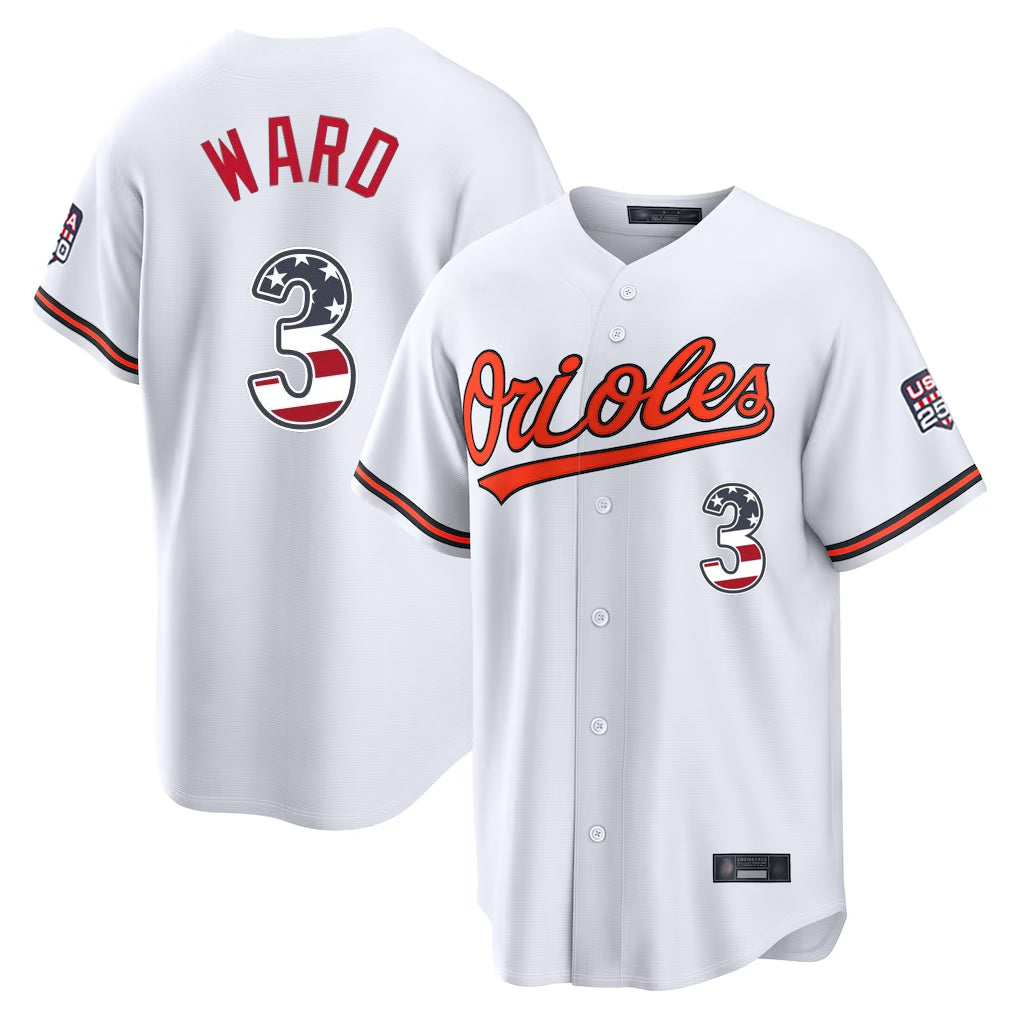 tores B.Orioles #3 Taylor Ward Player White USA 250 Fourth of July Home Game Stitched Jerseys