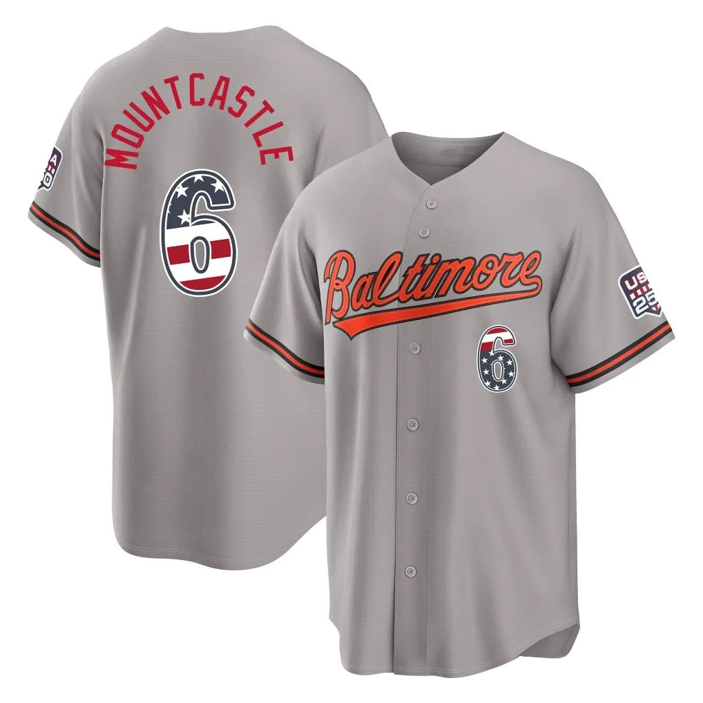 tores B.Orioles #6 Ryan Mountcastle Player Gray USA 250 Fourth of July Home Game Stitched Jerseys
