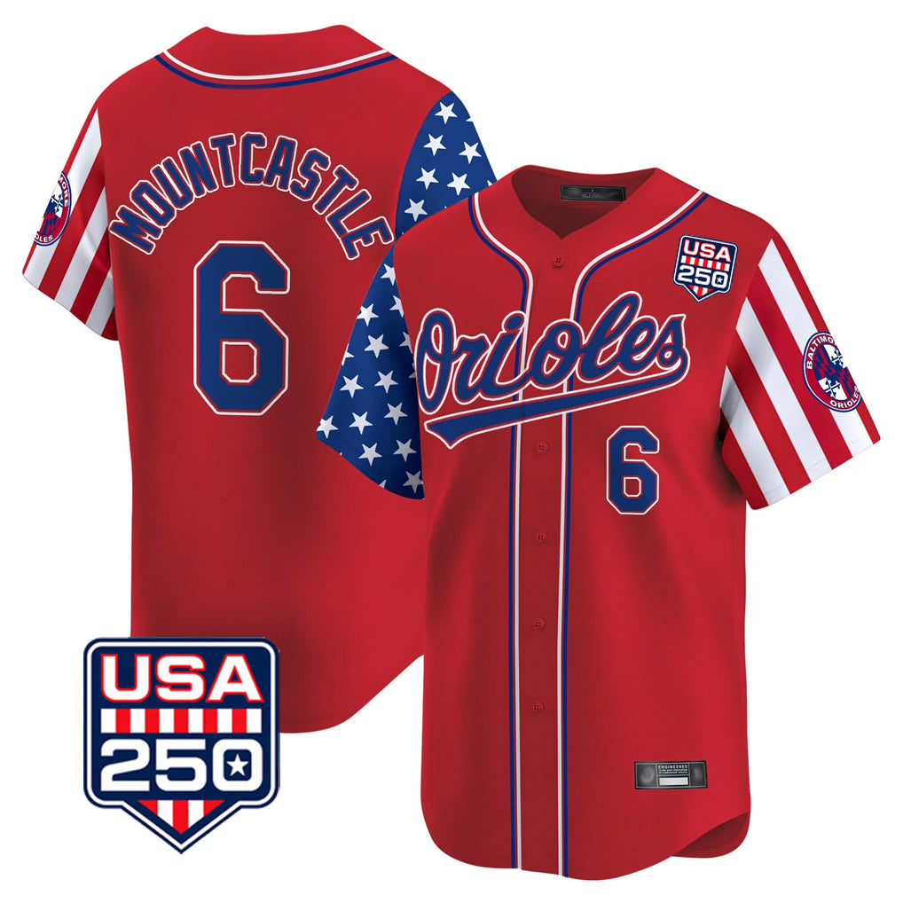 tores B.Orioles #6 Ryan Mountcastle Player Red USA 250 Independence Day Vapor Premier Limited Home Game Stitched Jerseys