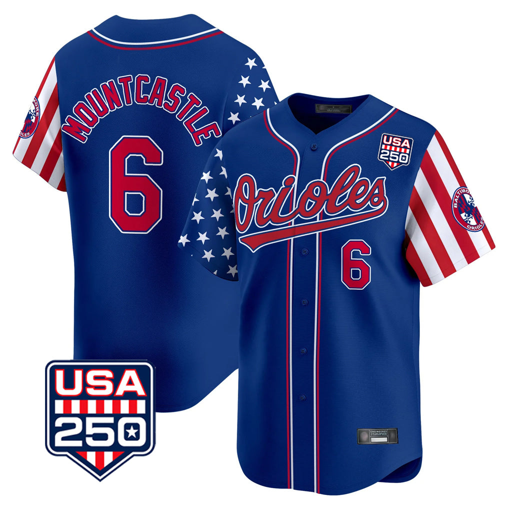 tores B.Orioles #6 Ryan Mountcastle Player Royal USA 250 Independence Day Vapor Premier Limited Home Game Stitched Jerseys