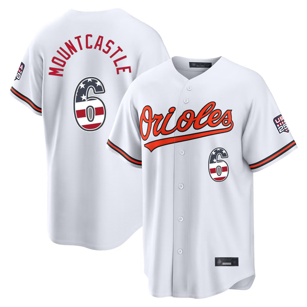 tores B.Orioles #6 Ryan Mountcastle Player White USA 250 Fourth of July Home Game Stitched Jerseys