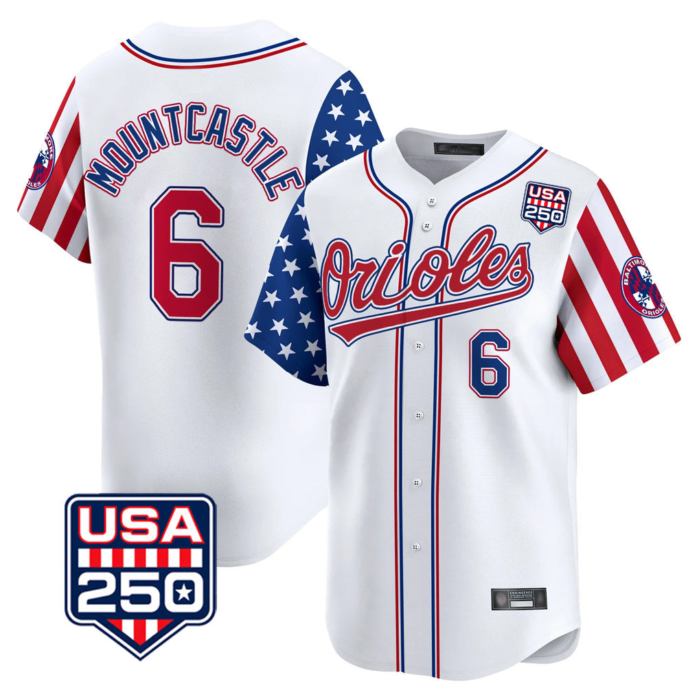 tores B.Orioles #6 Ryan Mountcastle Player White USA 250 Independence Day Vapor Premier Home Game Stitched Jerseys