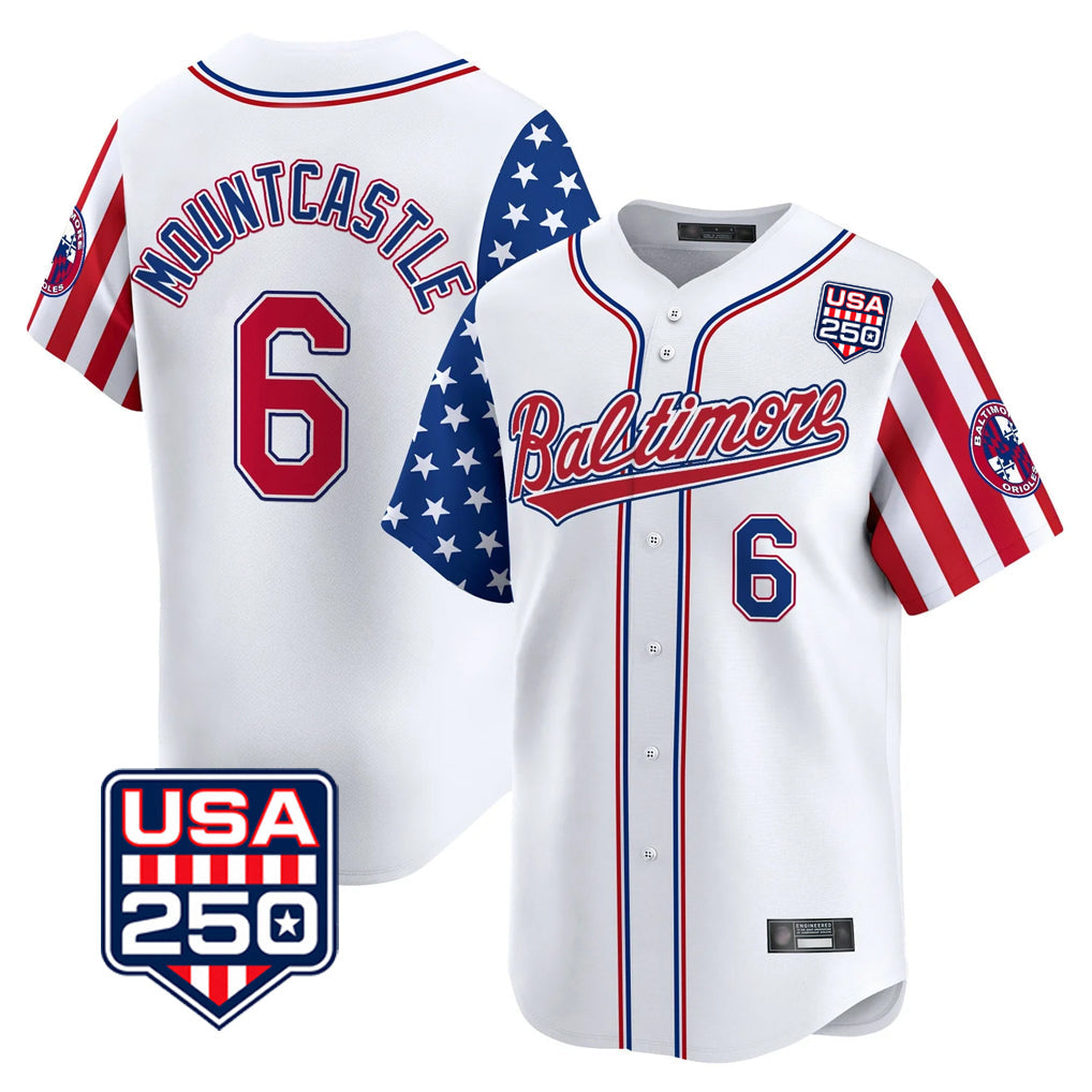 tores B.Orioles #6 Ryan Mountcastle Player White USA 250 Independence Day Vapor Premier Limited Home Game Stitched Jerseys