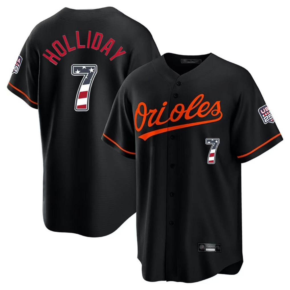 tores B.Orioles #7 Jackson Holliday Player Black USA 250 Fourth of July Home Game Stitched Jerseys