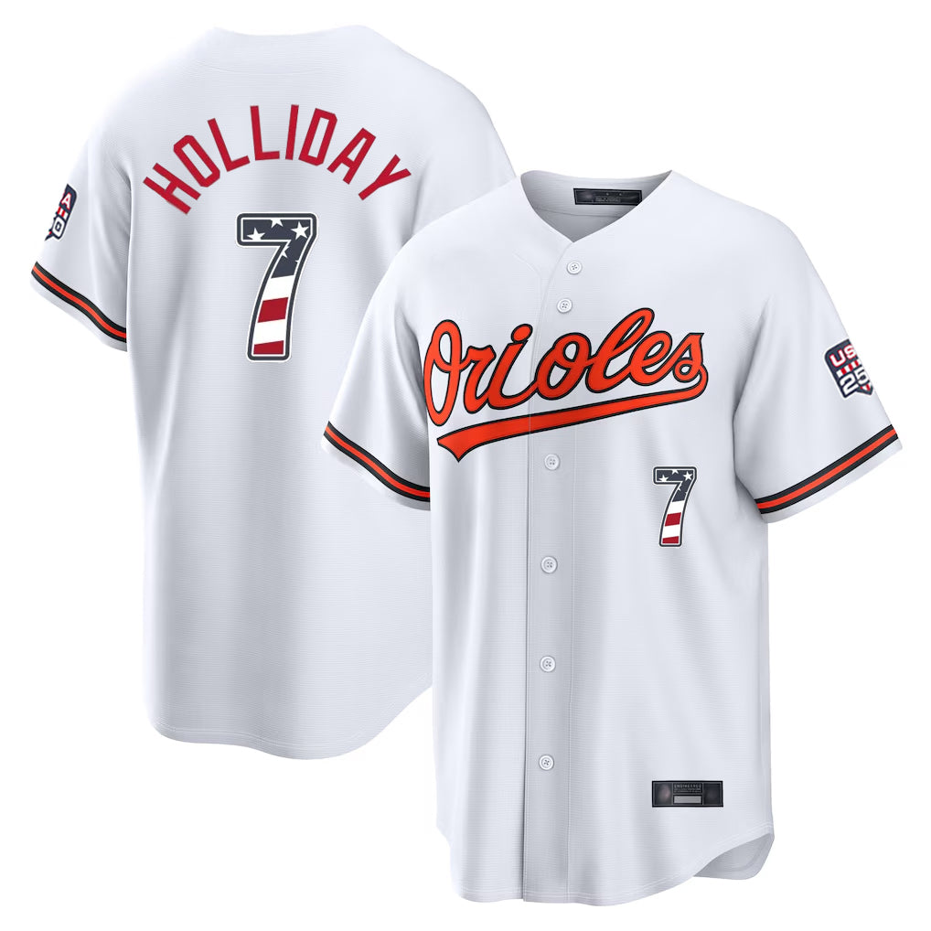 tores B.Orioles #7 Jackson Holliday Player White USA 250 Fourth of July Home Game Stitched Jerseys