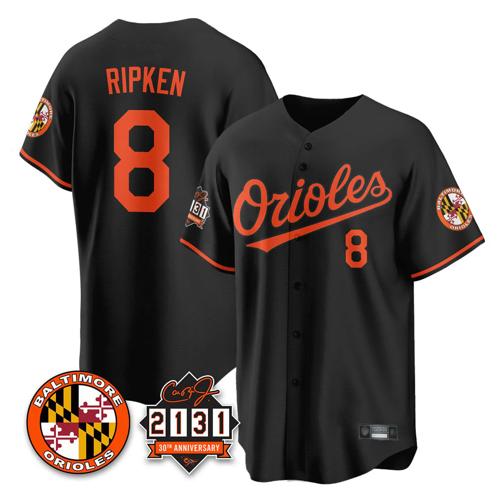 tores B.Orioles #8 Cal Ripken Player Black 30th Anniversary of 2131 Home Game Stitched Jerseys