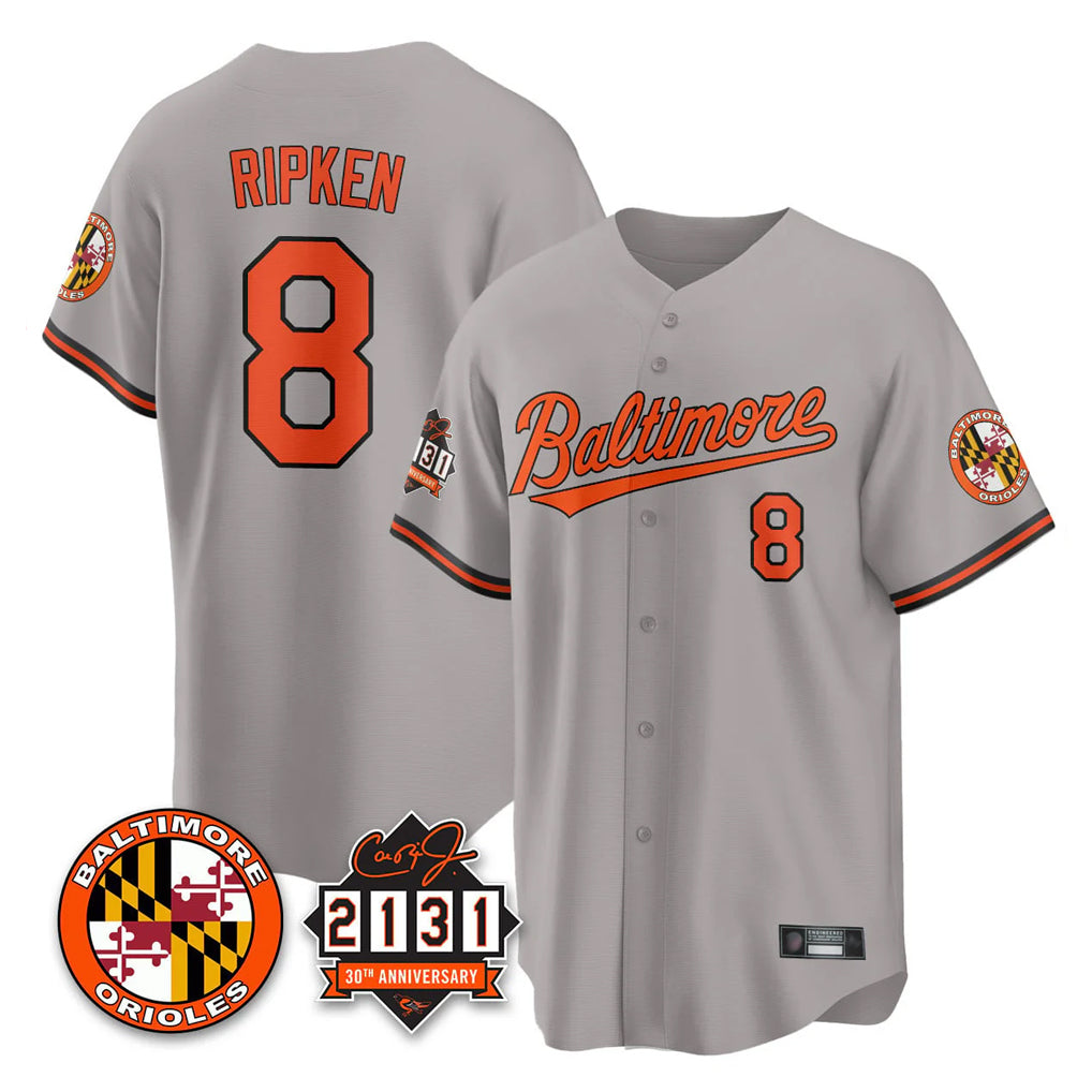 tores B.Orioles #8 Cal Ripken Player Gray 30th Anniversary of 2131 Home Game Stitched Jerseys