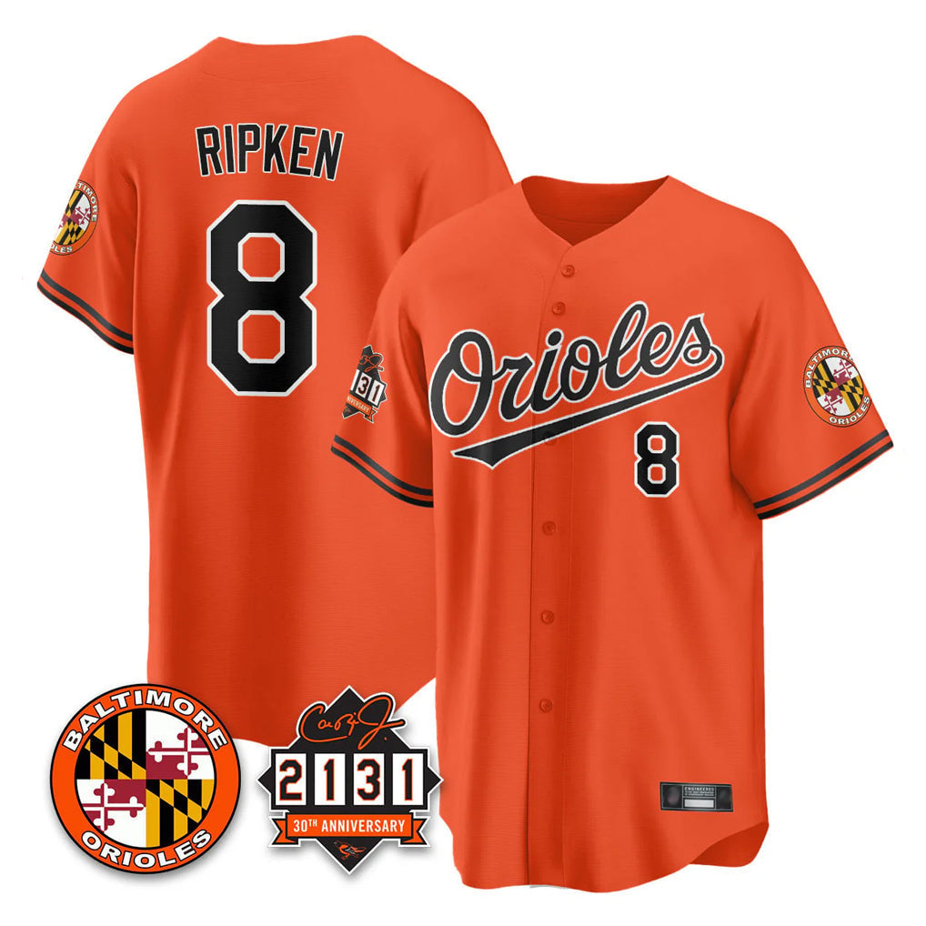 tores B.Orioles #8 Cal Ripken Player Orange 30th Anniversary of 2131 Home Game Stitched Jerseys