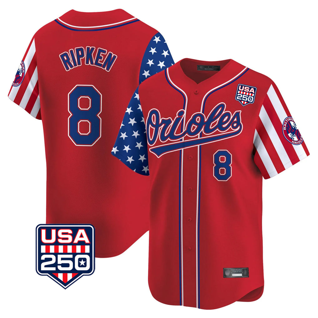 tores B.Orioles #8 Cal Ripken Player Red USA 250 Independence Day Vapor Premier Limited Home Game Stitched Jerseys